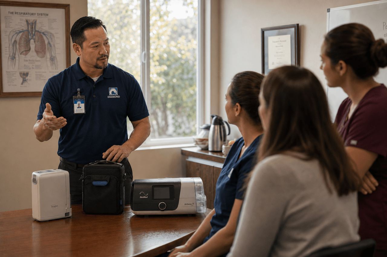 Diamond sales representative demonstrating home respiratory equipment — portable oxygen concentrator and CPAP — to clinical staff during an in-service