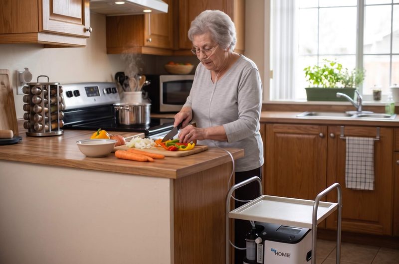 Woman using oxygen while cooking in a home kitchen