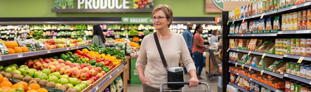 Person using portable oxygen concentrator while shopping in a supermarket