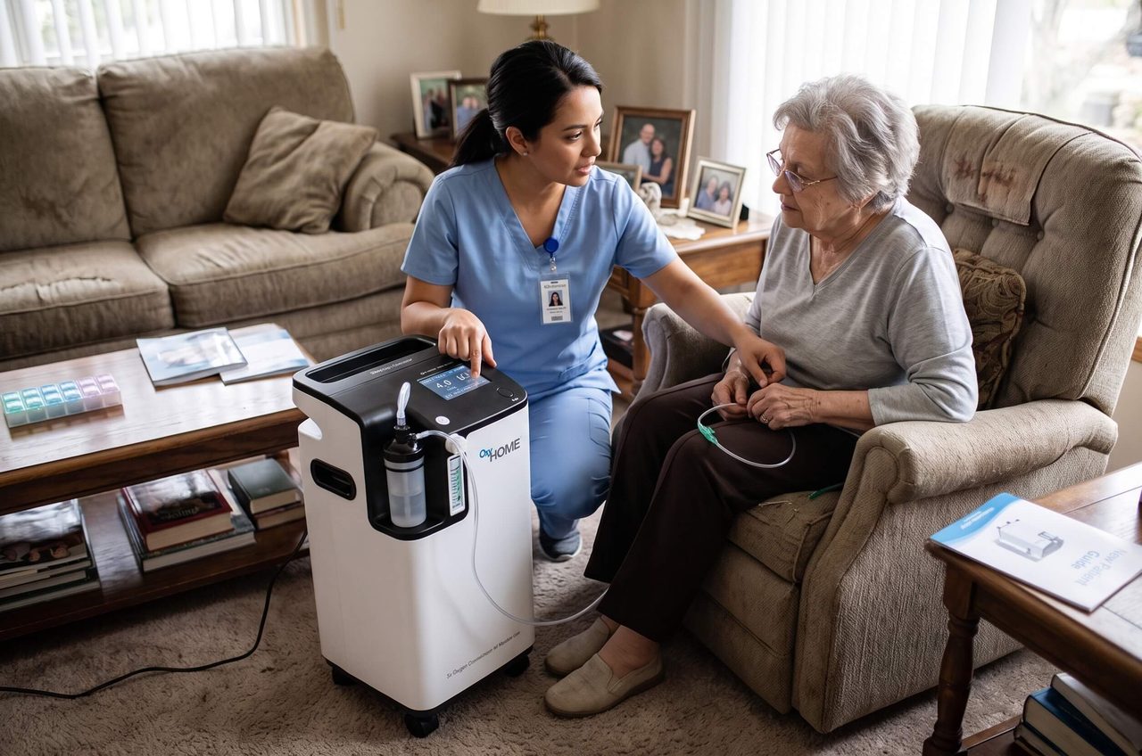 Diamond respiratory therapist setting up oxygen equipment with a patient at home