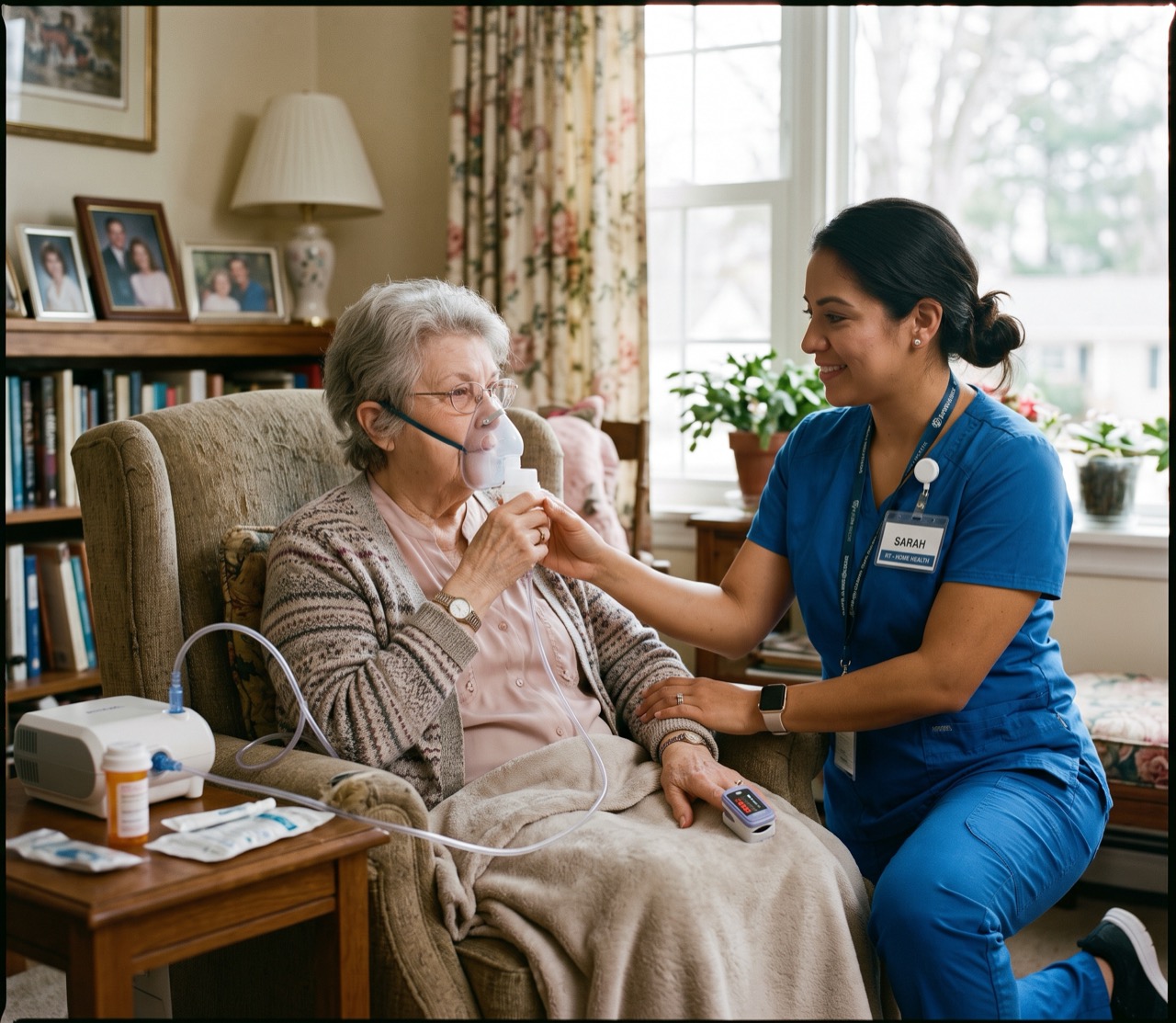 Respiratory therapist setting up home oxygen and teaching a patient and caregiver at home