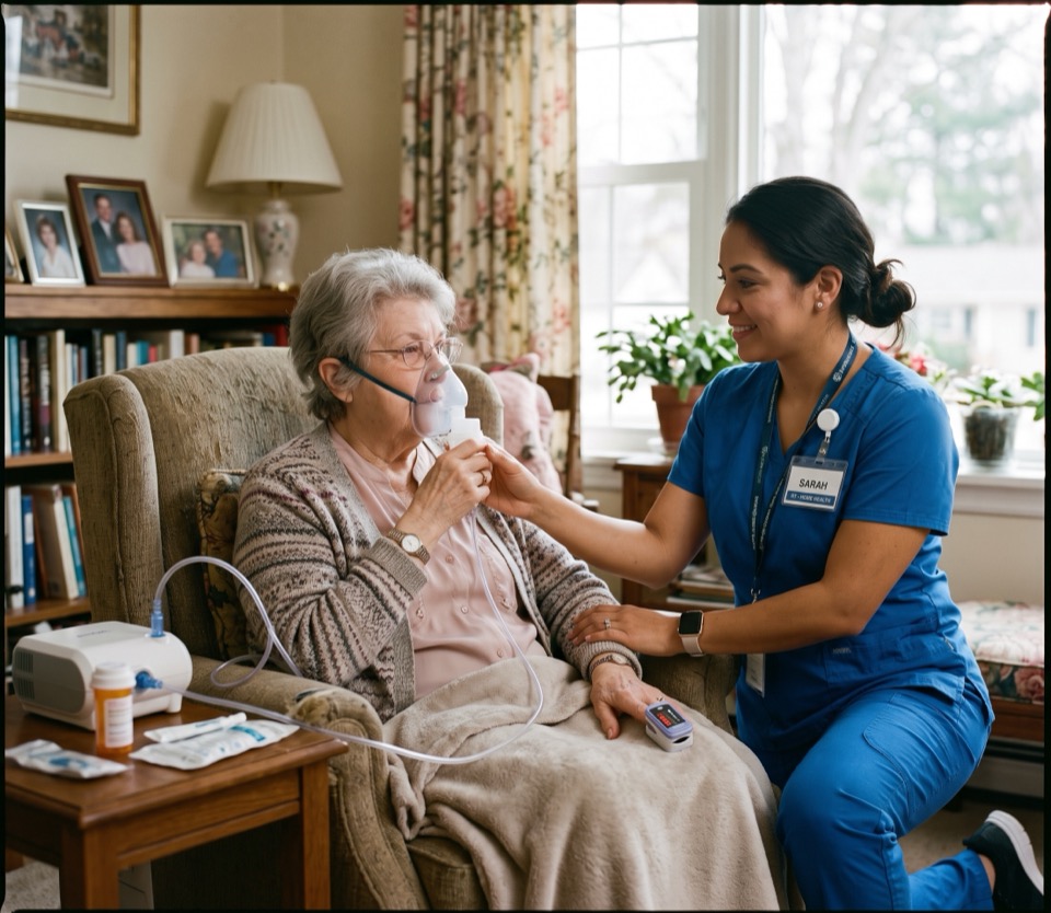 Respiratory therapist Sarah coaching an older patient using a nebulizer at home, with pulse oximeter on her finger